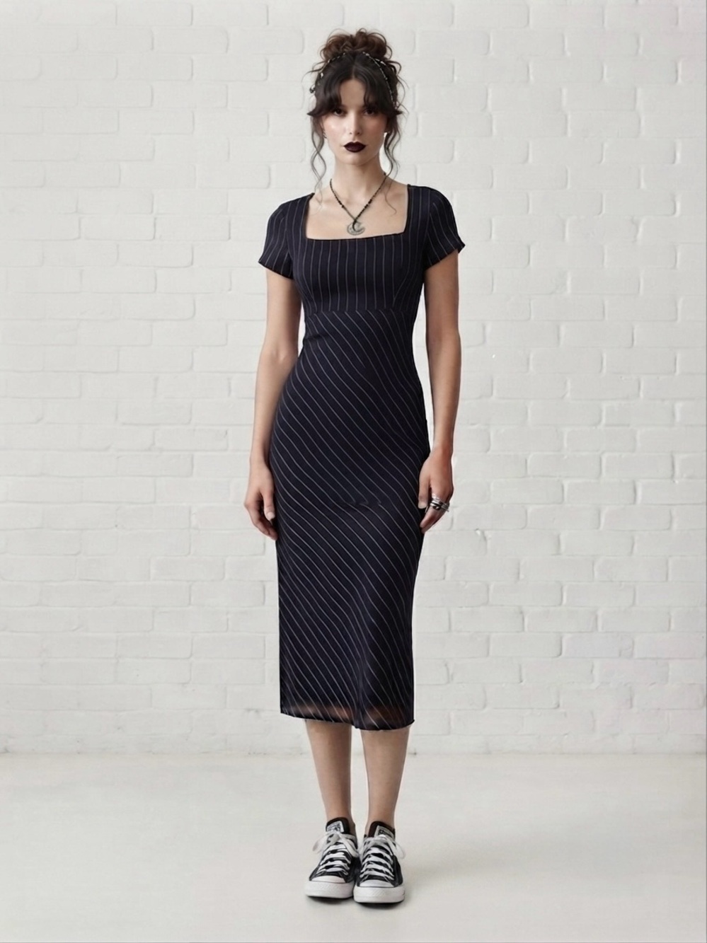 Vintage 90s Y2K Whimsigoth Black Pinstripe Rockabilly Square Neck Midi Dress